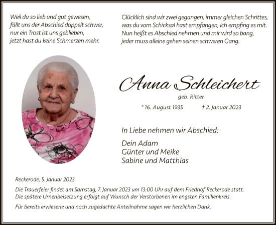 Traueranzeige von Anna Schleichert von HZ