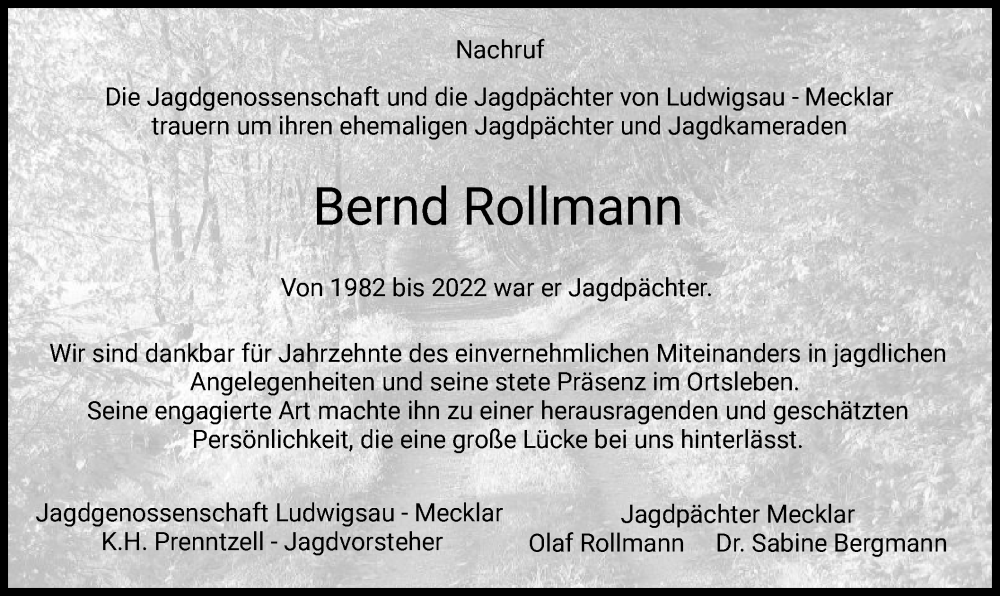  Traueranzeige für Bernd Rollmann vom 21.01.2023 aus HZ