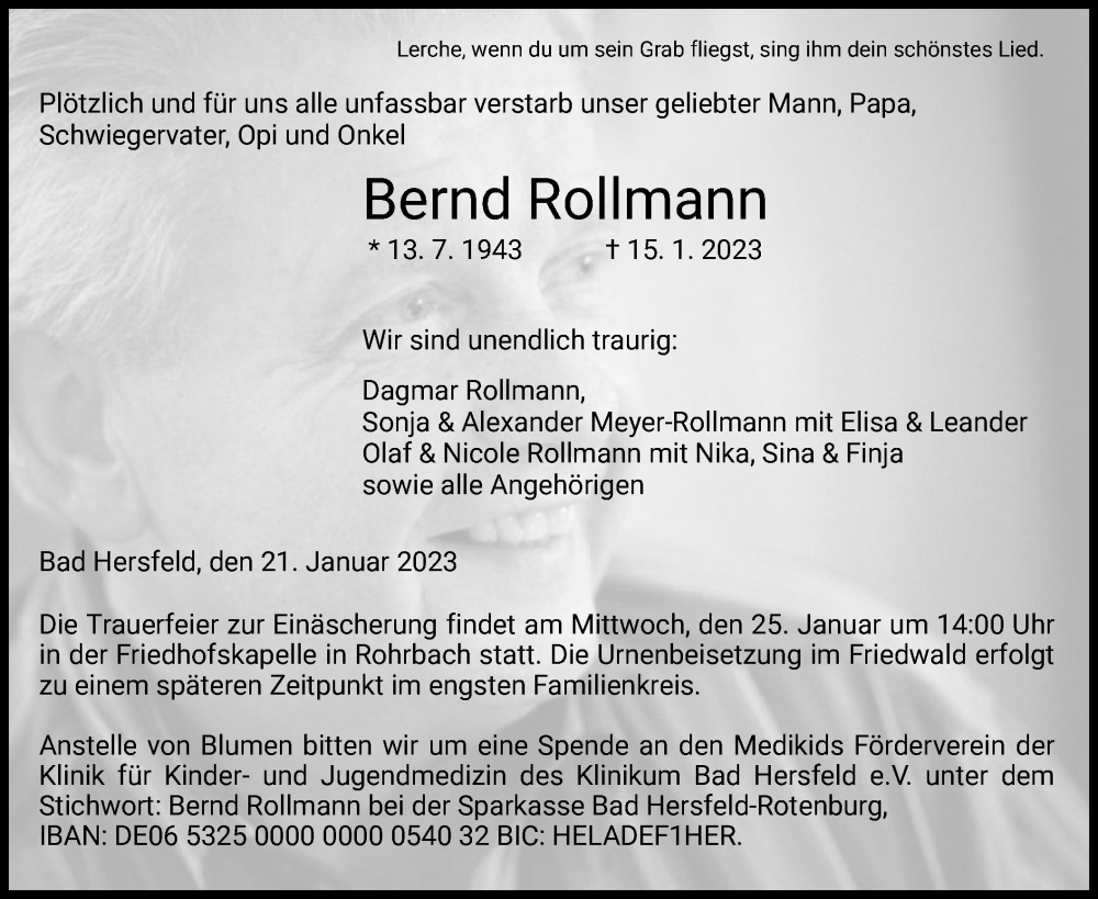  Traueranzeige für Bernd Rollmann vom 21.01.2023 aus HZ