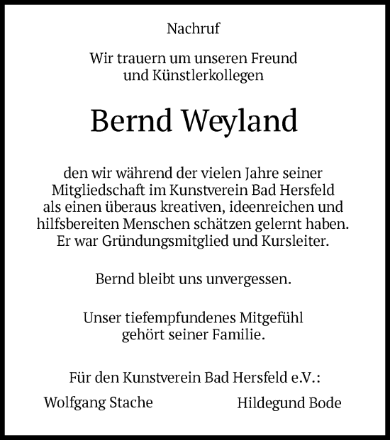 Traueranzeige von Bernd Weyland von HZ