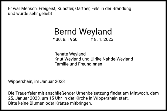 Traueranzeige von Bernd Weyland von HZ