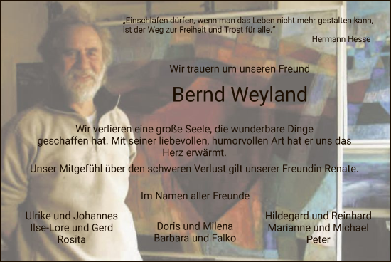 Traueranzeige von Bernd Weyland von HZ