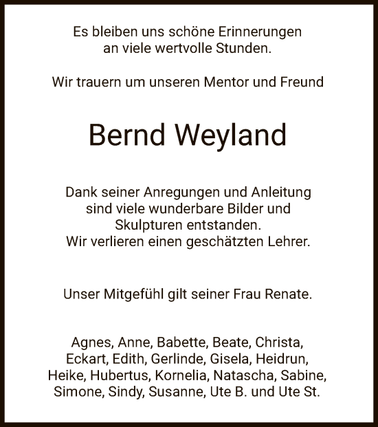 Traueranzeige von Bernd Weyland von HZ