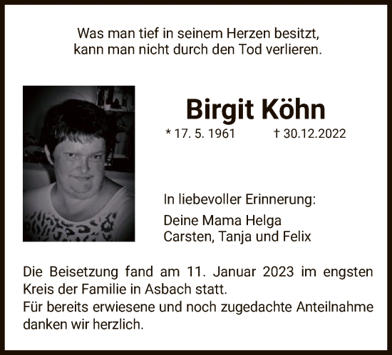 Traueranzeige von Birgit Köhn von HZ