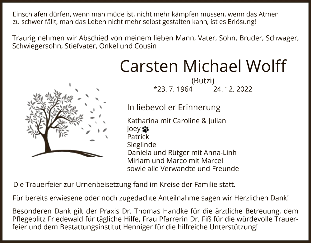  Traueranzeige für Carsten Michael Wolff vom 14.01.2023 aus HZ