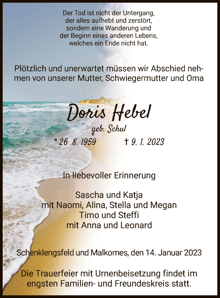  Traueranzeige für Doris Hebel vom 14.01.2023 aus HZ
