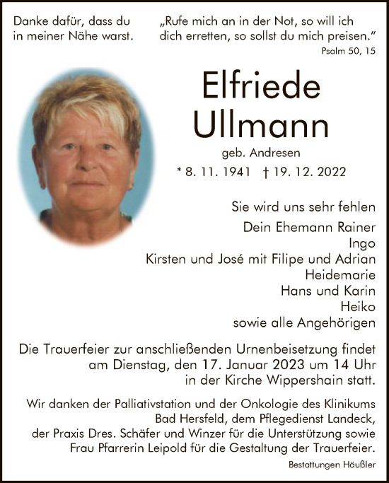 Traueranzeige von Elfriede Ullmann von HZ