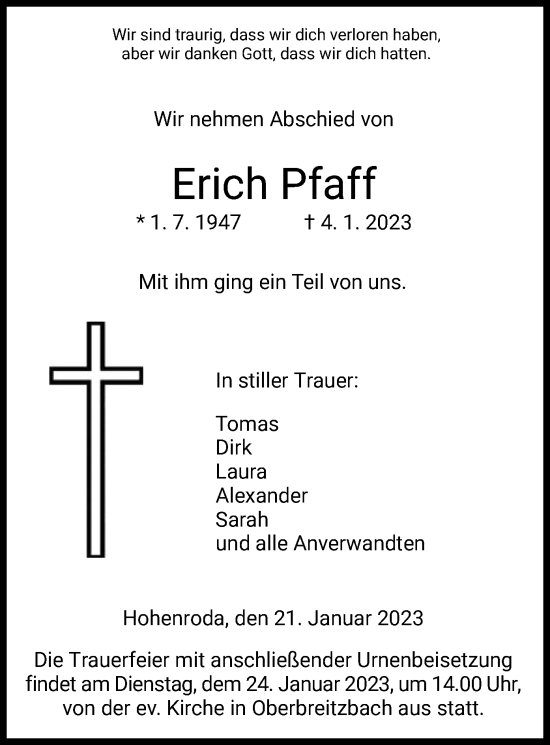 Traueranzeige von Erich Pfaff von HZ