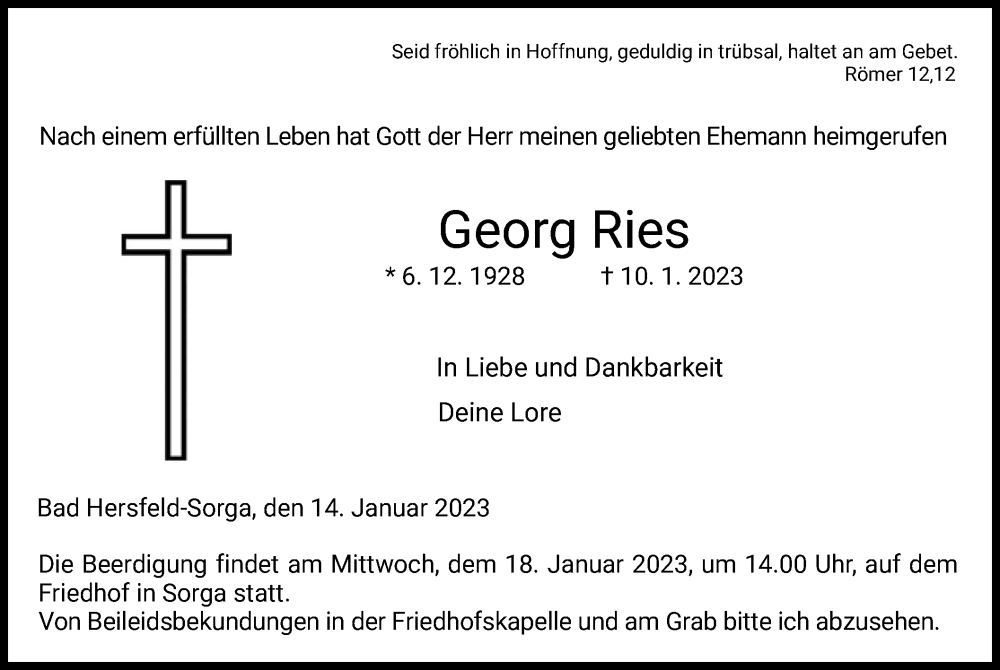  Traueranzeige für Georg Ries vom 14.01.2023 aus HZ