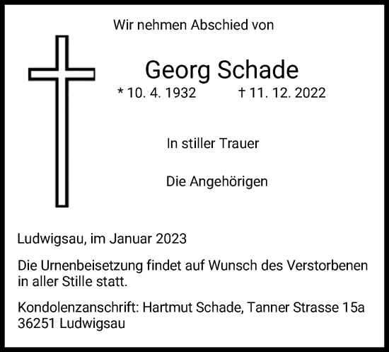 Traueranzeige von Georg Schade von HZ