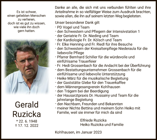 Traueranzeige von Gerald Ruzicka von HZ