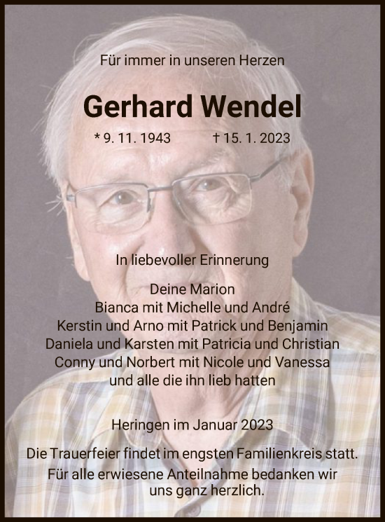 Traueranzeige von Gerhard Wendel von HZ