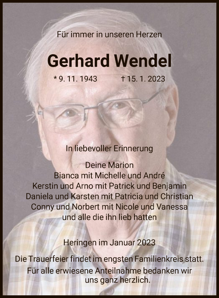  Traueranzeige für Gerhard Wendel vom 21.01.2023 aus HZ