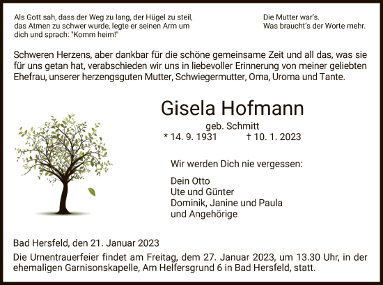 Traueranzeige von Gisela Hofmann von HZ