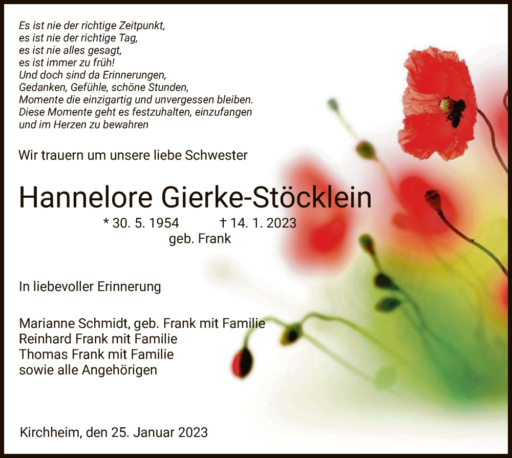  Traueranzeige für Hannelore Gierke-Stöcklein vom 25.01.2023 aus HZ