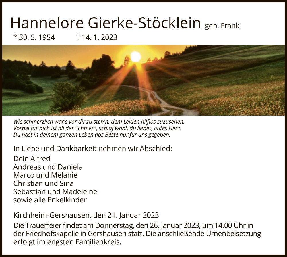  Traueranzeige für Hannelore Gierke-Stöcklein vom 21.01.2023 aus HZ