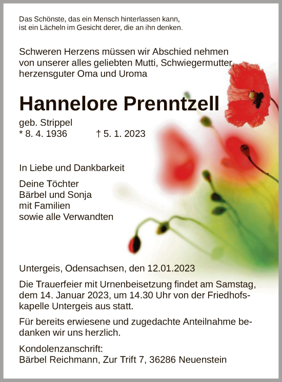 Traueranzeige von Hannelore Prenntzell von HZ