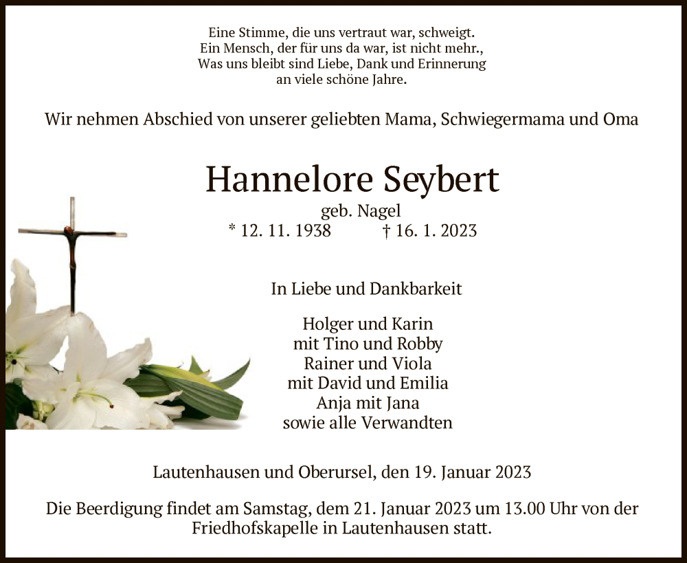  Traueranzeige für Hannelore Seybert vom 19.01.2023 aus HZ