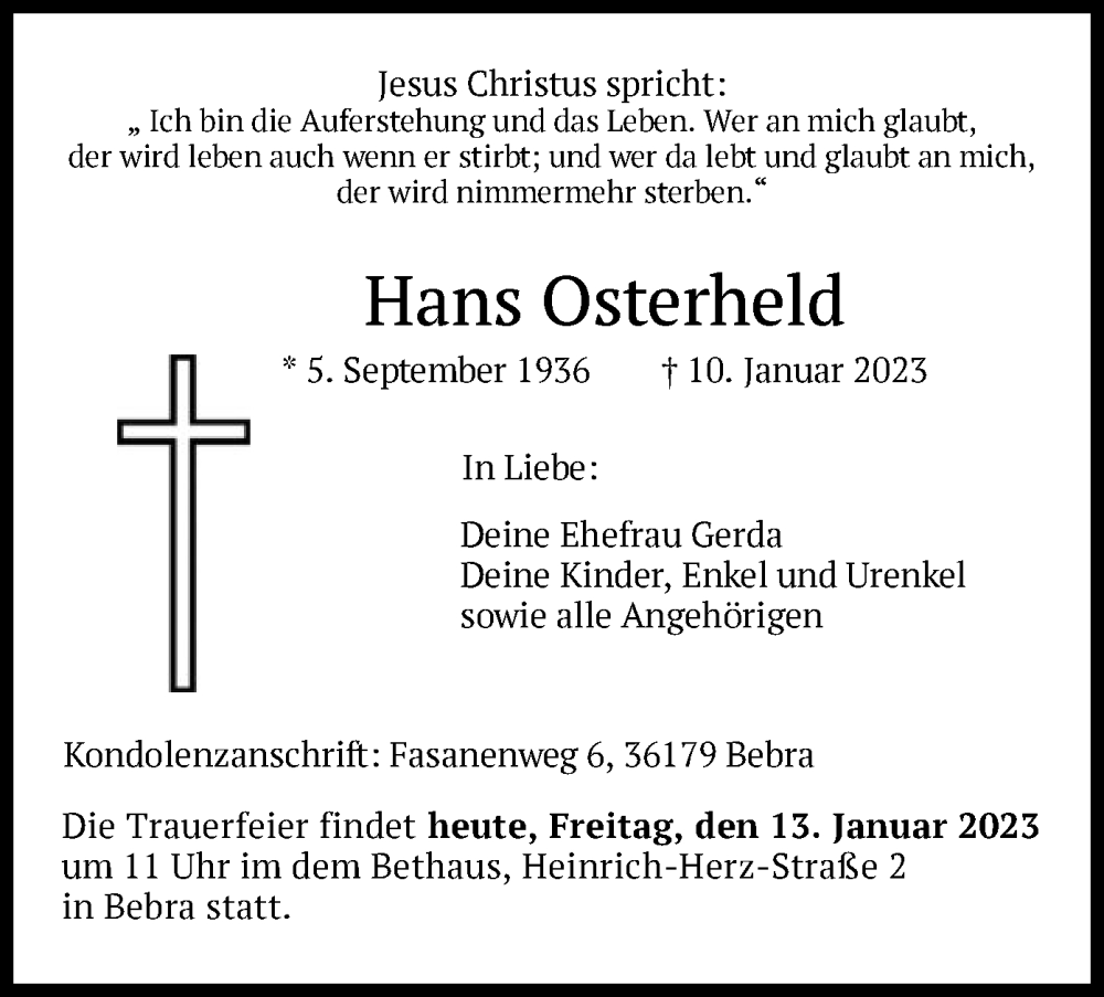  Traueranzeige für Hans Osterheld vom 13.01.2023 aus HZ