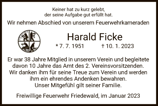 Traueranzeige von Harald Ficke von HZ