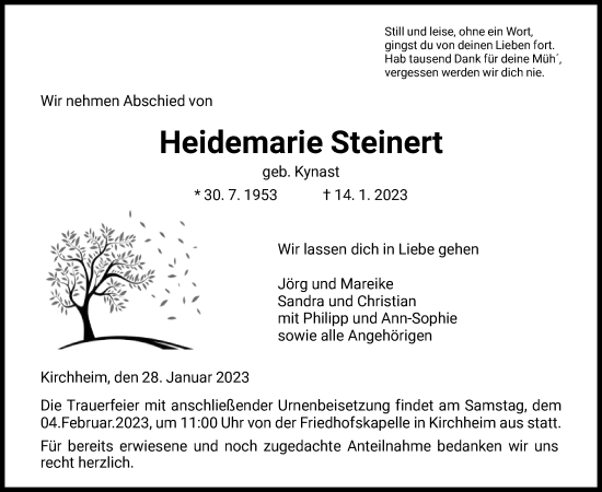 Traueranzeige von Heidemarie Steinert von HZ