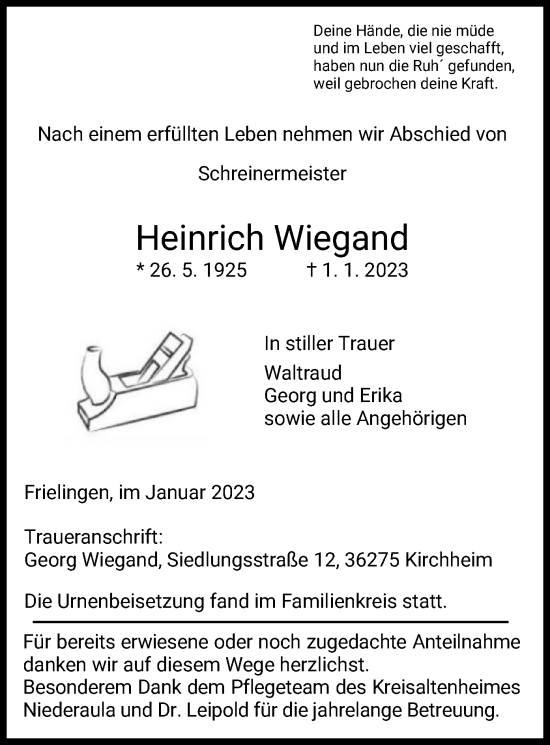 Traueranzeige von Heinrich Wiegand von HZ