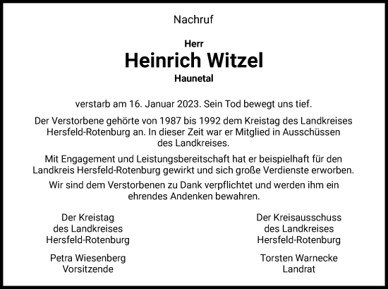 Traueranzeige von Heinrich Witzel von HZ