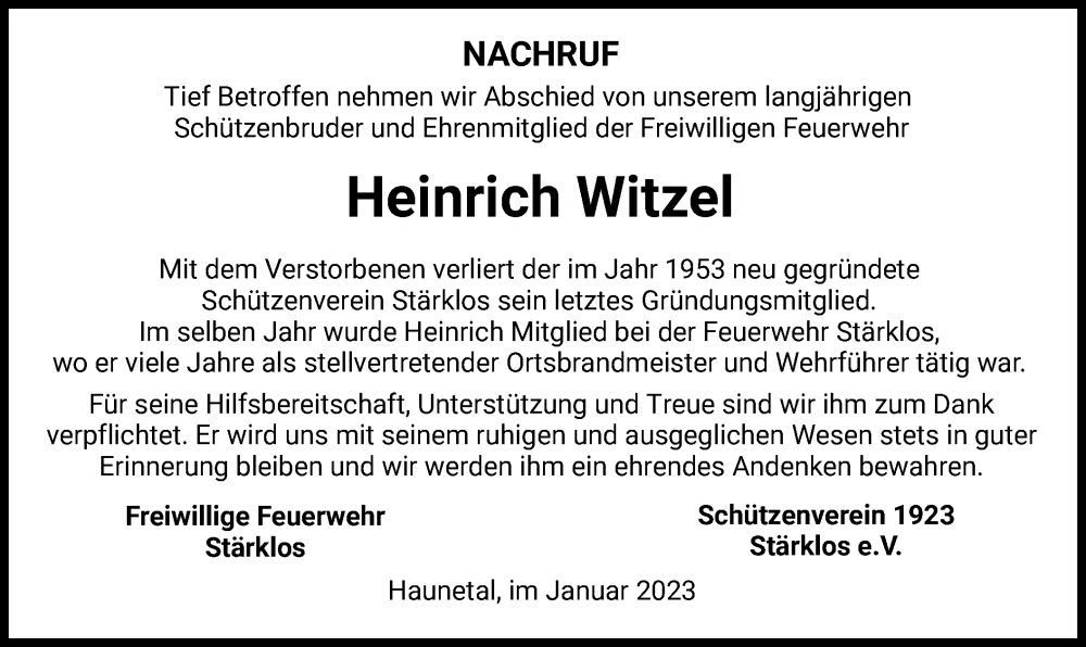  Traueranzeige für Heinrich Witzel vom 21.01.2023 aus HZ
