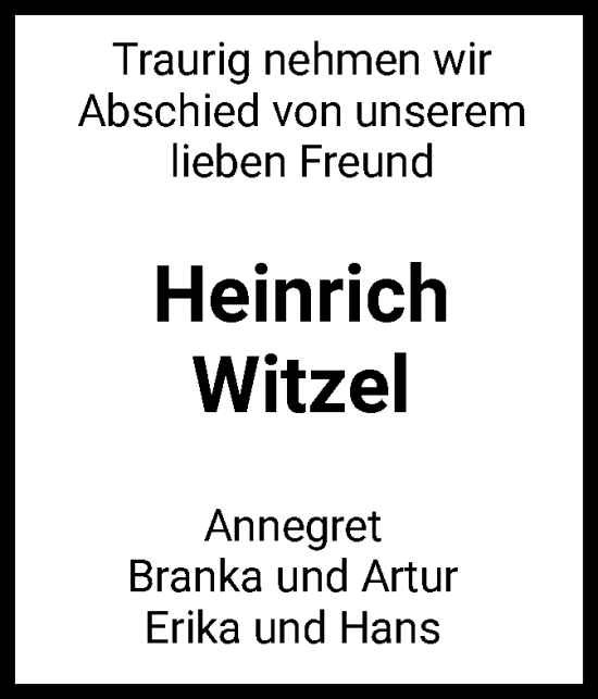 Traueranzeige von Heinrich Witzel von HZ