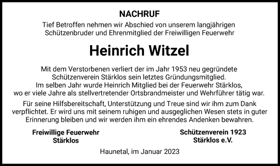 Traueranzeige von Heinrich Witzel von HZ