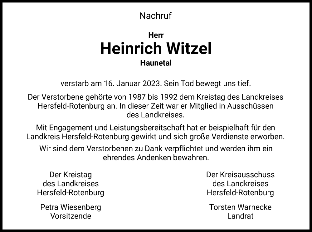  Traueranzeige für Heinrich Witzel vom 25.01.2023 aus HZ