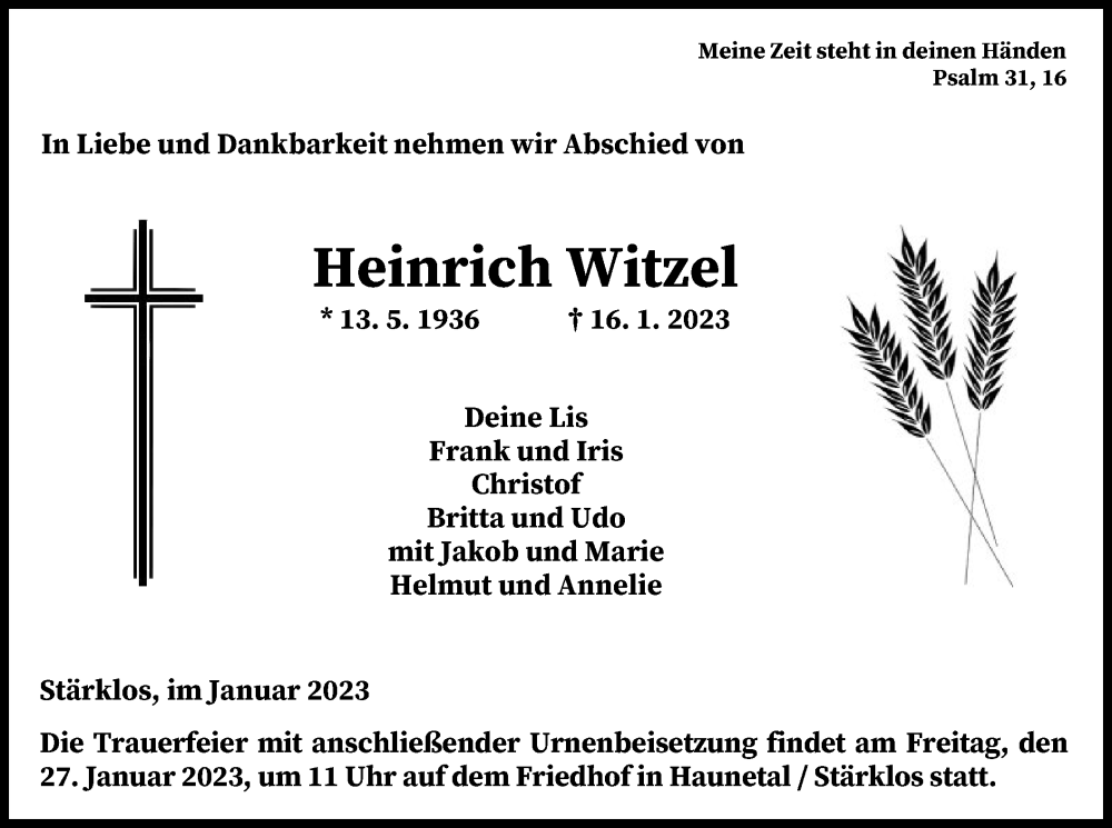  Traueranzeige für Heinrich Witzel vom 21.01.2023 aus HNA