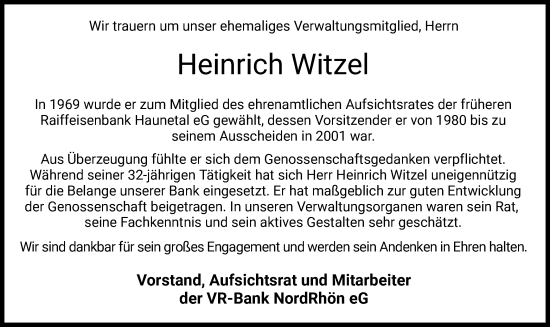 Traueranzeige von Heinrich Witzel von HZ