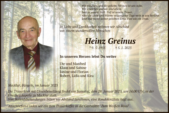 Traueranzeige von Heinz Greinus von HZ