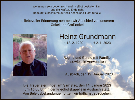 Traueranzeige von Heinz Grundmann von HZ