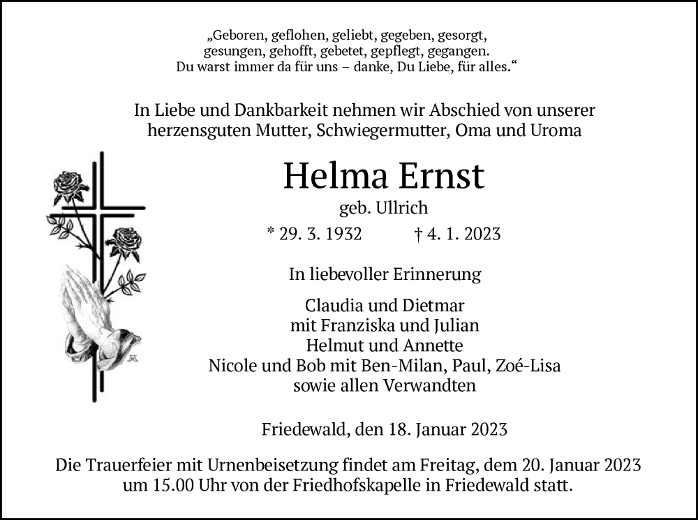  Traueranzeige für Helma Ernst vom 18.01.2023 aus HZ