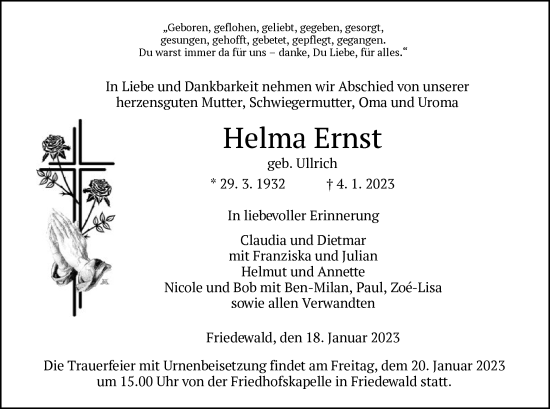 Traueranzeige von Helma Ernst von HZ