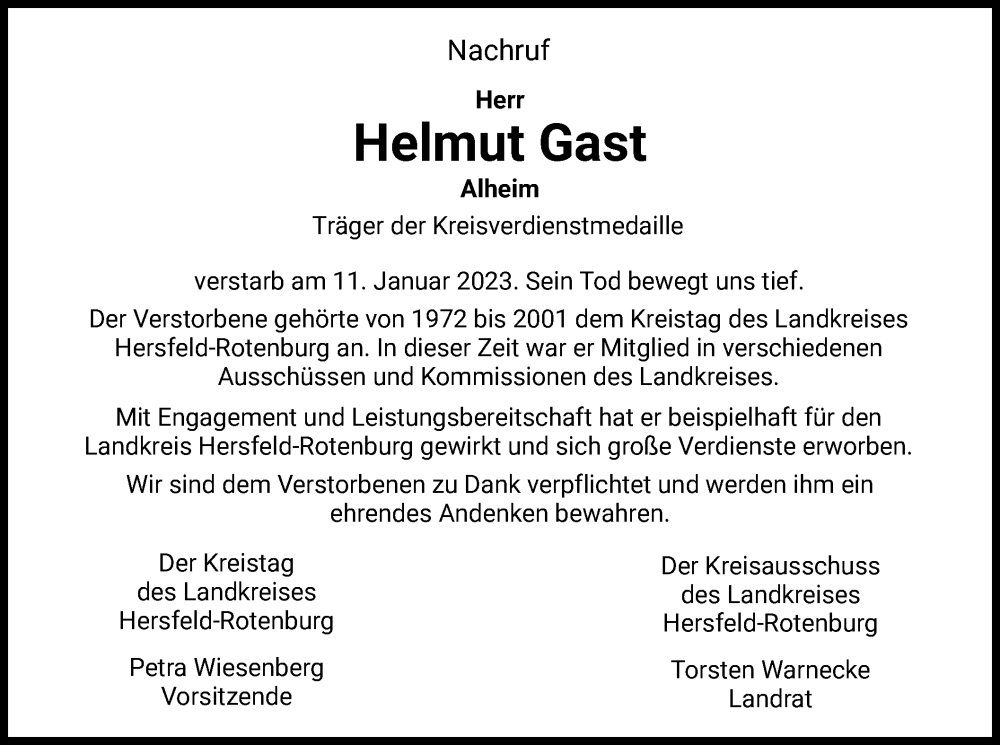 Traueranzeige für Helmut Gast vom 21.01.2023 aus HZ