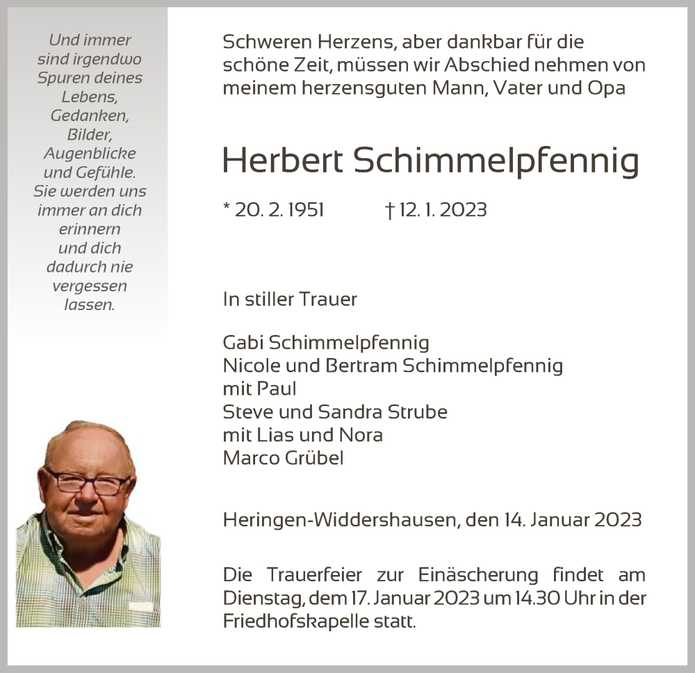  Traueranzeige für Herbert Schimmelpfennig vom 14.01.2023 aus HZ