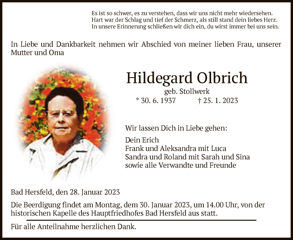  Traueranzeige für Hildegard Olbrich vom 28.01.2023 aus HZ