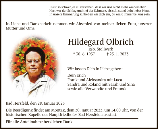 Traueranzeige von Hildegard Olbrich von HZ