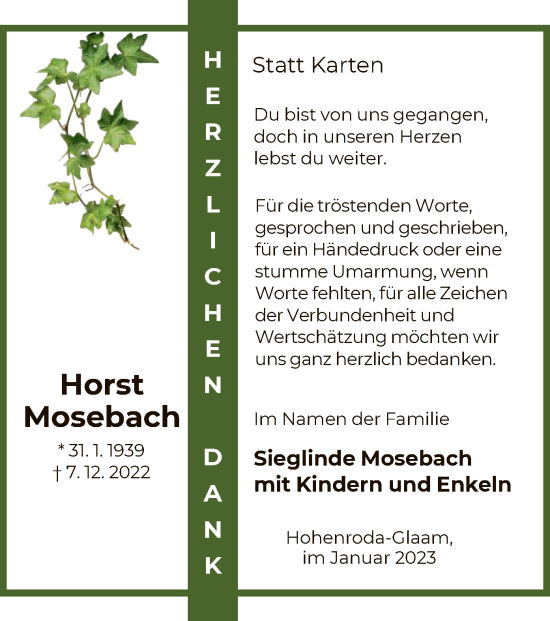 Traueranzeige von Horst Mosebach von HZ