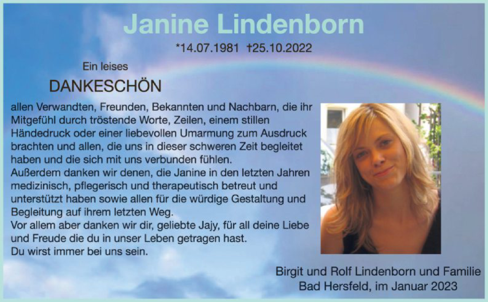  Traueranzeige für Janine Lindenborn vom 07.01.2023 aus HZ