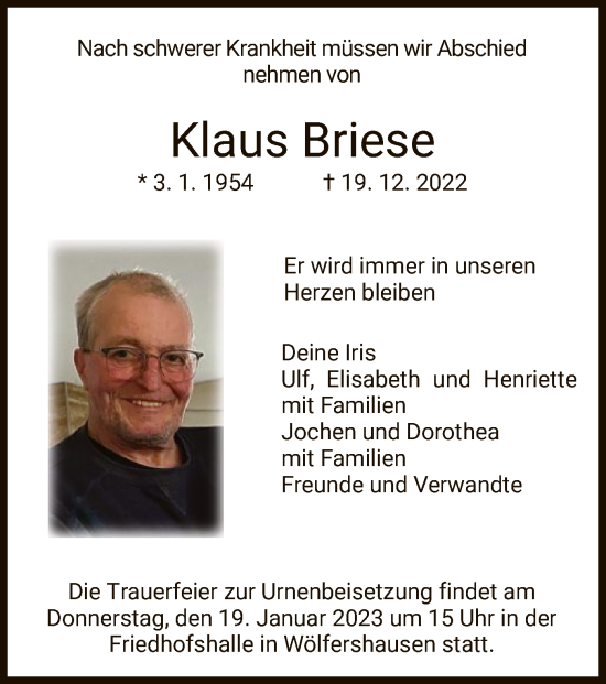 Traueranzeige von Klaus Briese von HZ