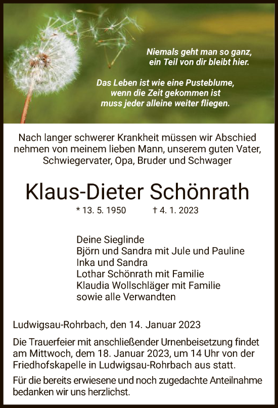 Traueranzeige von Klaus-Dieter Schönrath von HZ