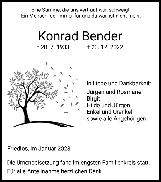 Traueranzeige von Konrad Bender von HZ