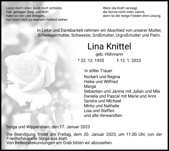 Traueranzeige von Lina Knittel von HZ