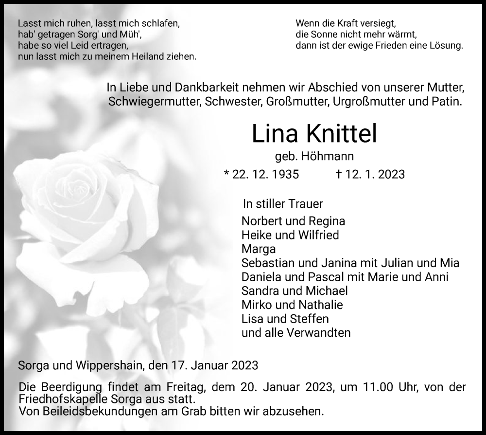  Traueranzeige für Lina Knittel vom 17.01.2023 aus HZ