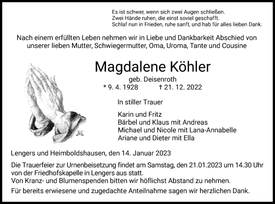 Traueranzeige von Magdalene Köhler von HZ