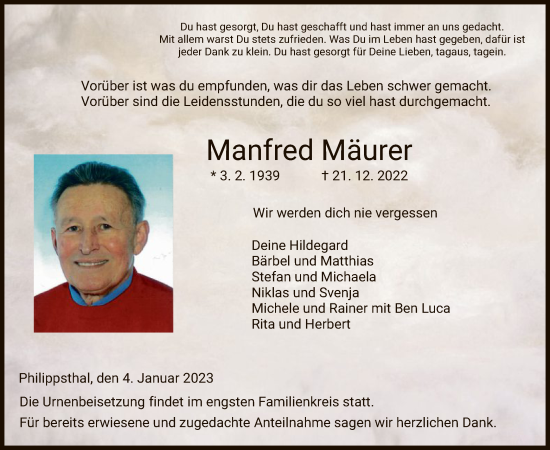 Traueranzeige von Manfred Mäurer von HZ